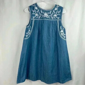 En Creme Blue Chambray Sleeveless Tunic Top Embroidered Mini Dress Size S